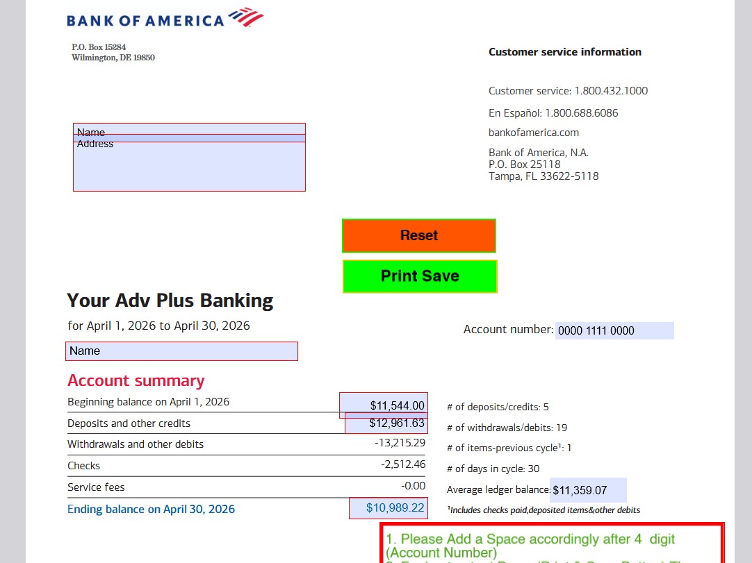 2026 April BofA Personal Bank Statement Template – Editable PDF